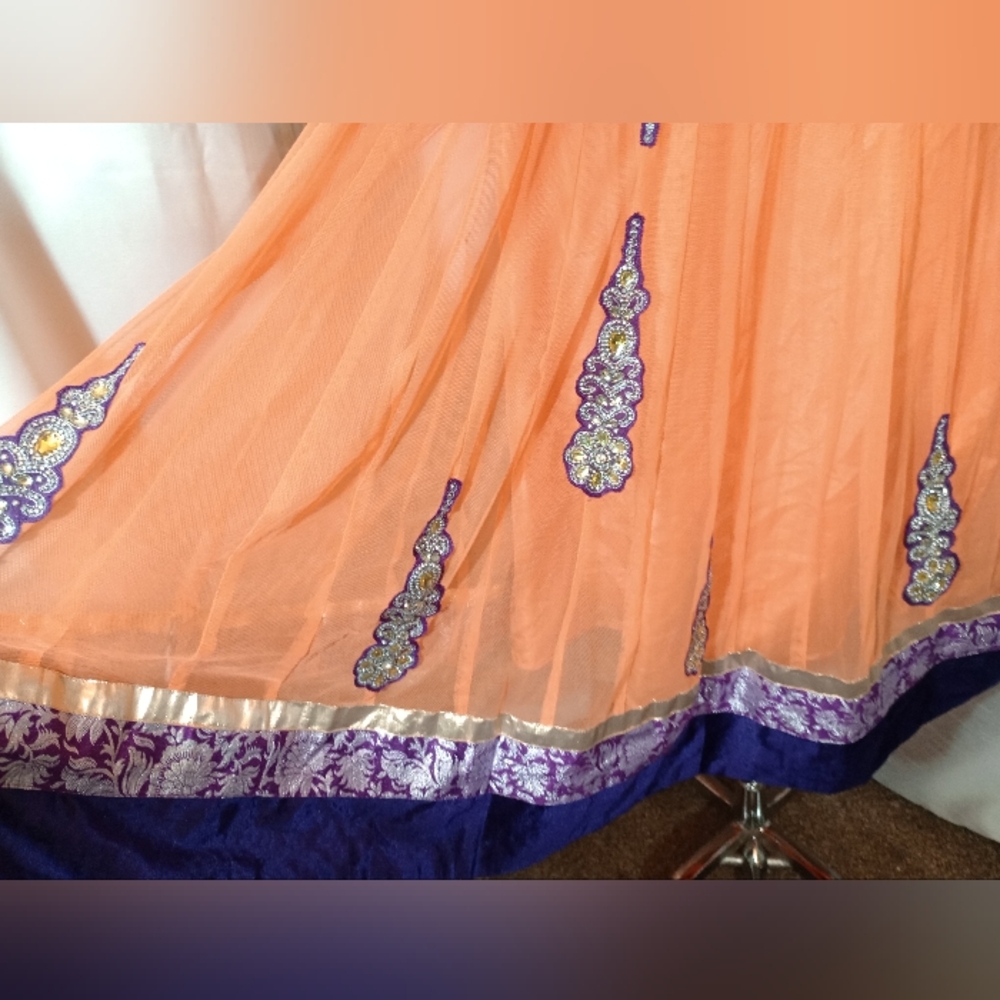 Halloween  Beaded Indian Maxi Dress, Orange, Purple floral, gold satin trim, L - Picture 4 of 12